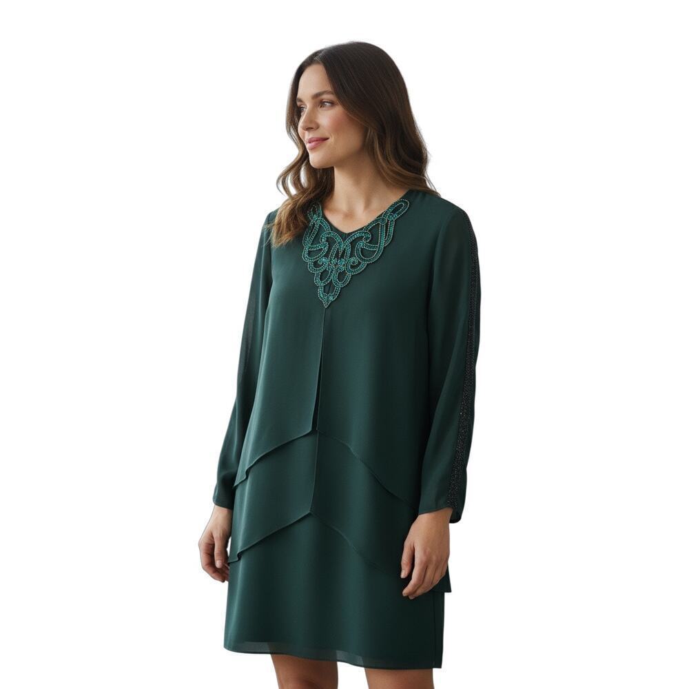 Vintage Women’s After Dark Emerald Green Beaded Tiered Long Sleeve Dress Size 6